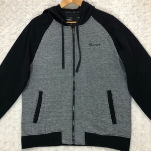 Guess Mens XL Zip Up Hoodie Grey Black Colorblock Quilted Lined Sweatshirt